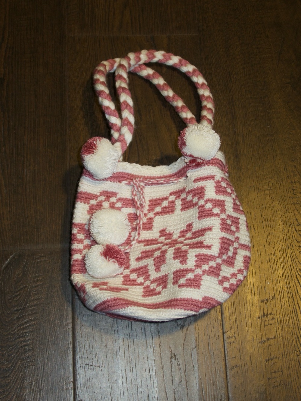 Handwoven Pink and Cream Pom-Pom Shoulder Bag